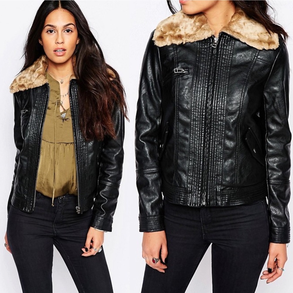 NEW Free People Vegan Leather Fur Trim Jacket - Picture 1 of 7